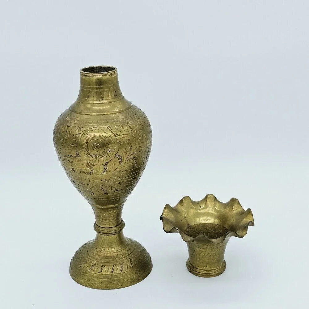 Vintage Indian Etched Brass Vase Urn 12
